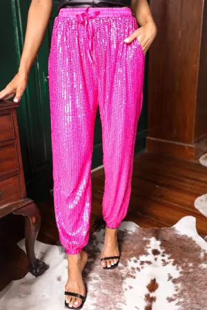 Rose Sequin Tie Waist Jogger Pants
