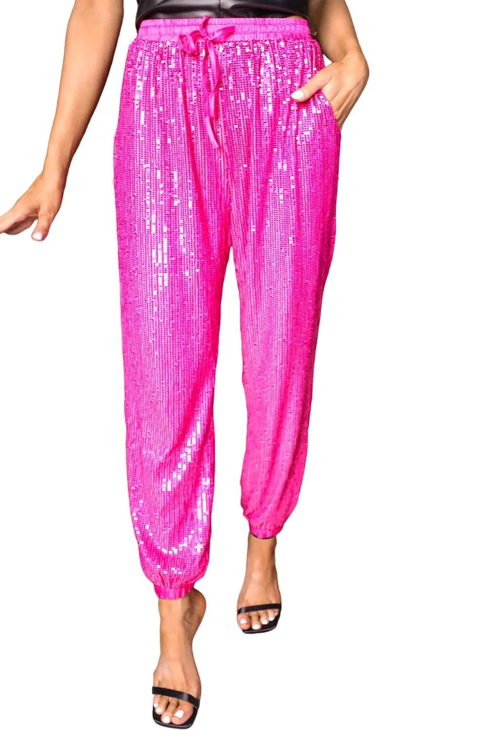 Rose Sequin Tie Waist Jogger Pants