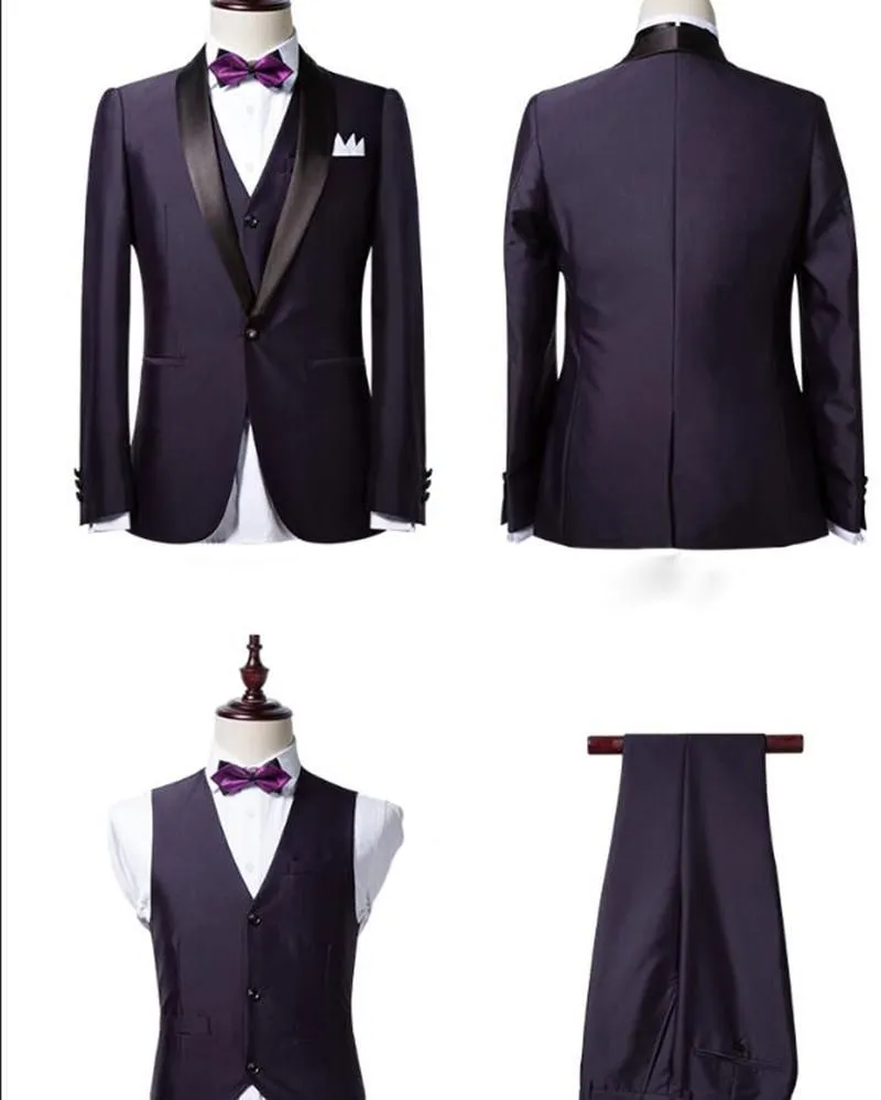 Roycebridal Well-cut Dark Purple Shawl Lapel Black Wedding Tuxedo Bespoke Prom Dress Suit Three-pieces