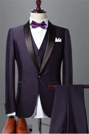 Roycebridal Well-cut Dark Purple Shawl Lapel Black Wedding Tuxedo Bespoke Prom Dress Suit Three-pieces