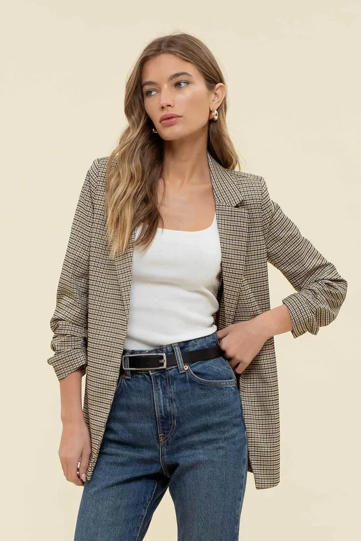 Ruched Sleeve Plaid Blazer