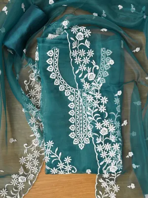 Sea Green Floral Embroidered Organza Dress with Dupatta