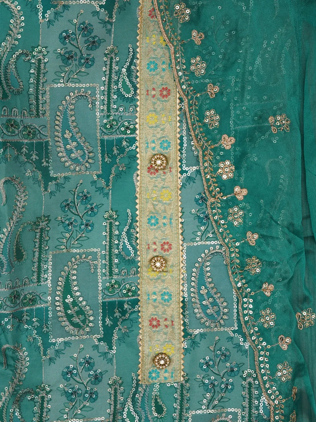 Sequin Embellished Multi Color Organza Dress Material with Dupatta