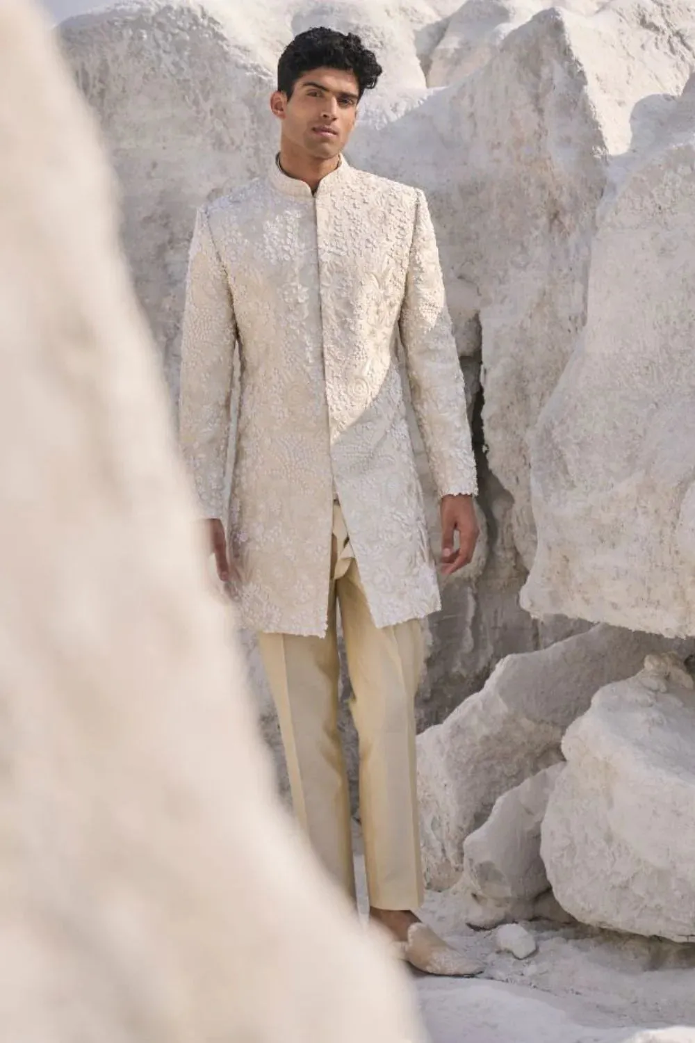 SG Cream Three Dimensional Floral Sherwani Set