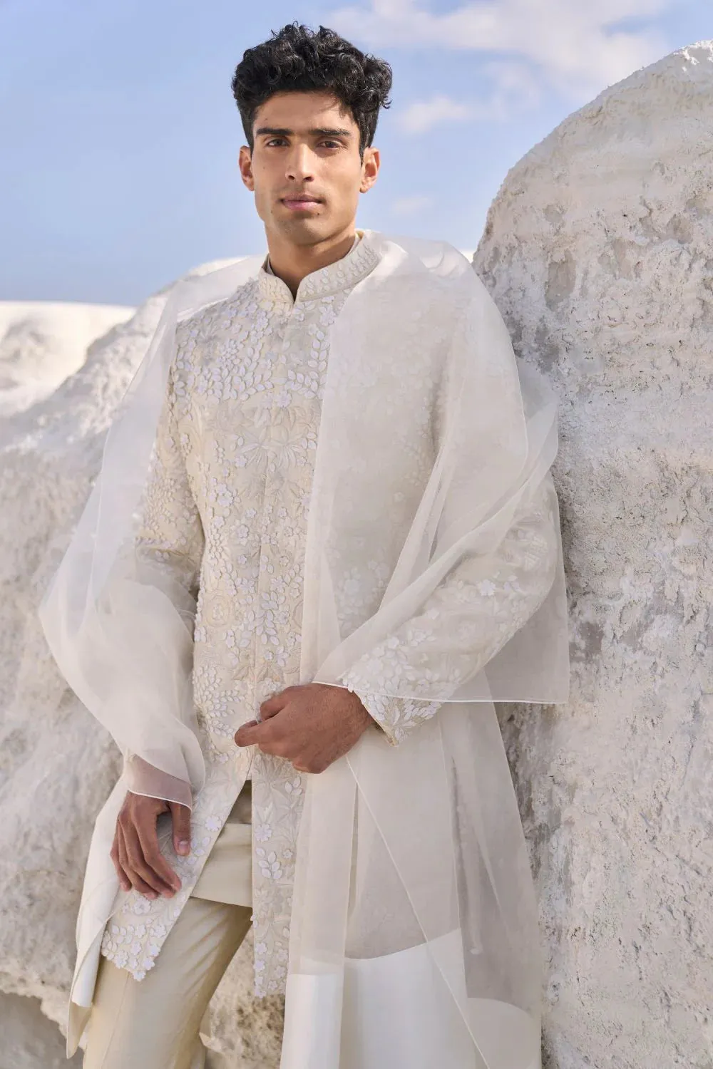 SG Cream Three Dimensional Floral Sherwani Set