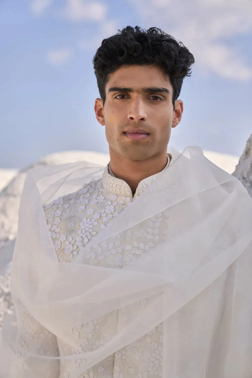 SG Cream Three Dimensional Floral Sherwani Set