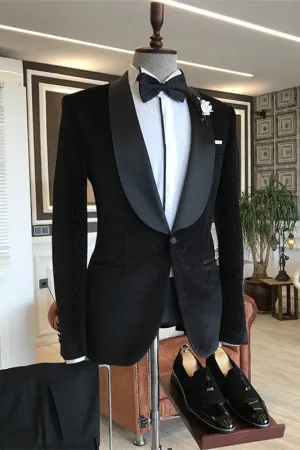 Simple Black Shawl Lapel 2 Piece Corduroy Wedding Suit
