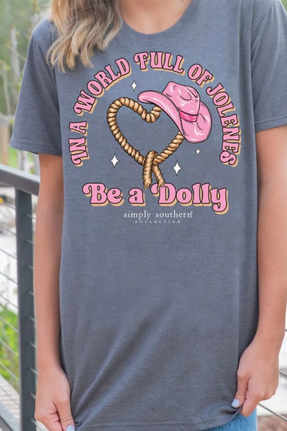 Simply Southern Youth Be A Dolly T-Shirt for Girls in Iron Heather | YTH-SS-WORLD-IRONHTHR