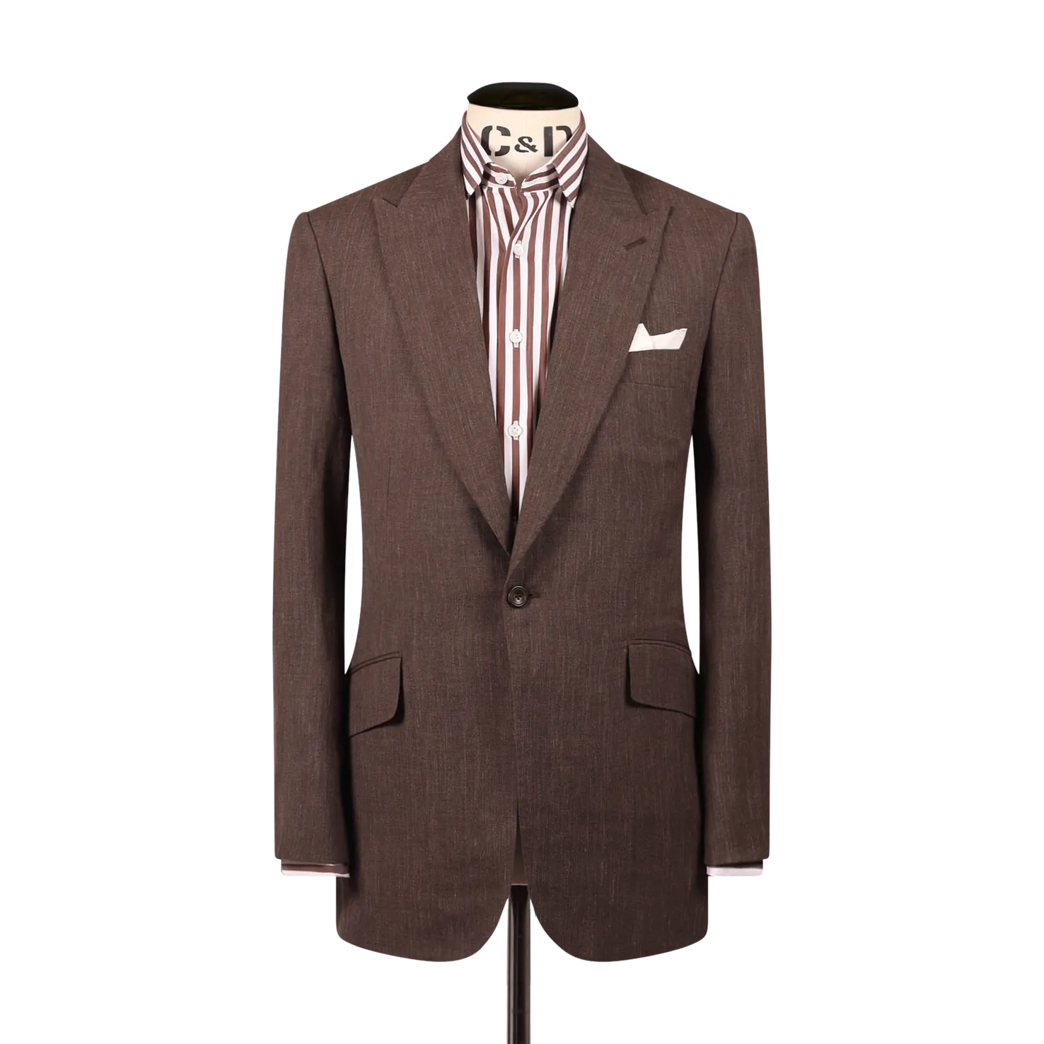 Single Breasted Peak Lapel Suit in Brown Wool, Silk & Linen