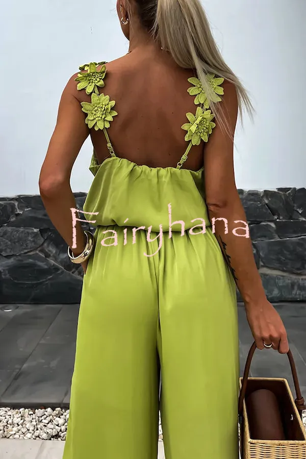 Solid Color Embroidered Flower Suspenders Casual Loose Jumpsuit