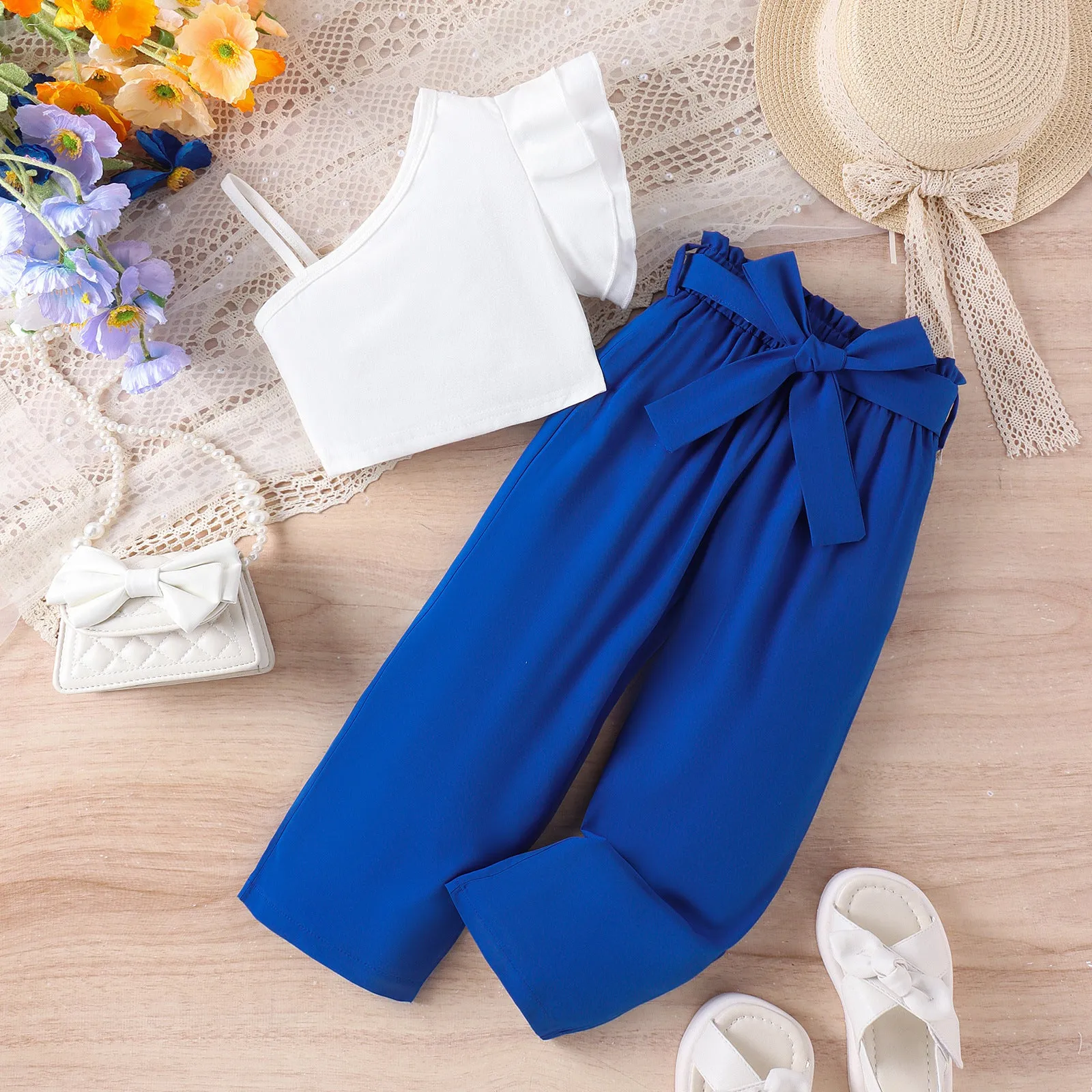 Spring and summer multi-color oblique shoulder straps single-side lace tops solid color belt trousers trendy suits FD