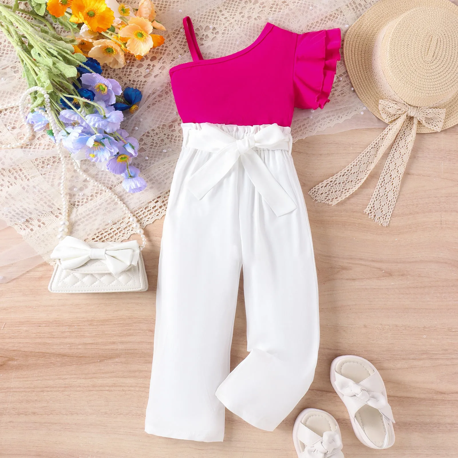 Spring and summer multi-color oblique shoulder straps single-side lace tops solid color belt trousers trendy suits FD