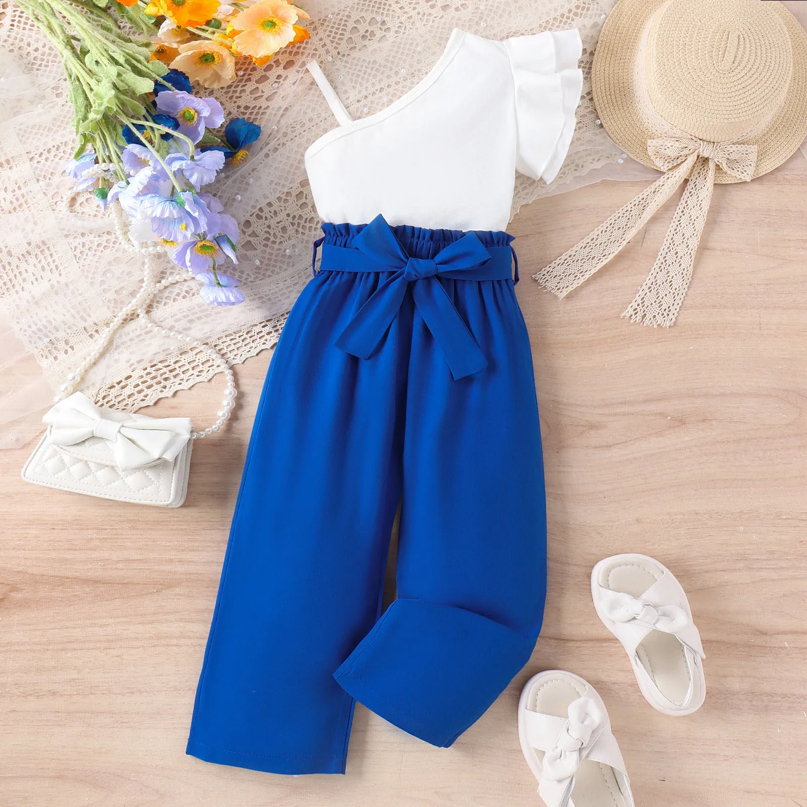 Spring and summer multi-color oblique shoulder straps single-side lace tops solid color belt trousers trendy suits FD