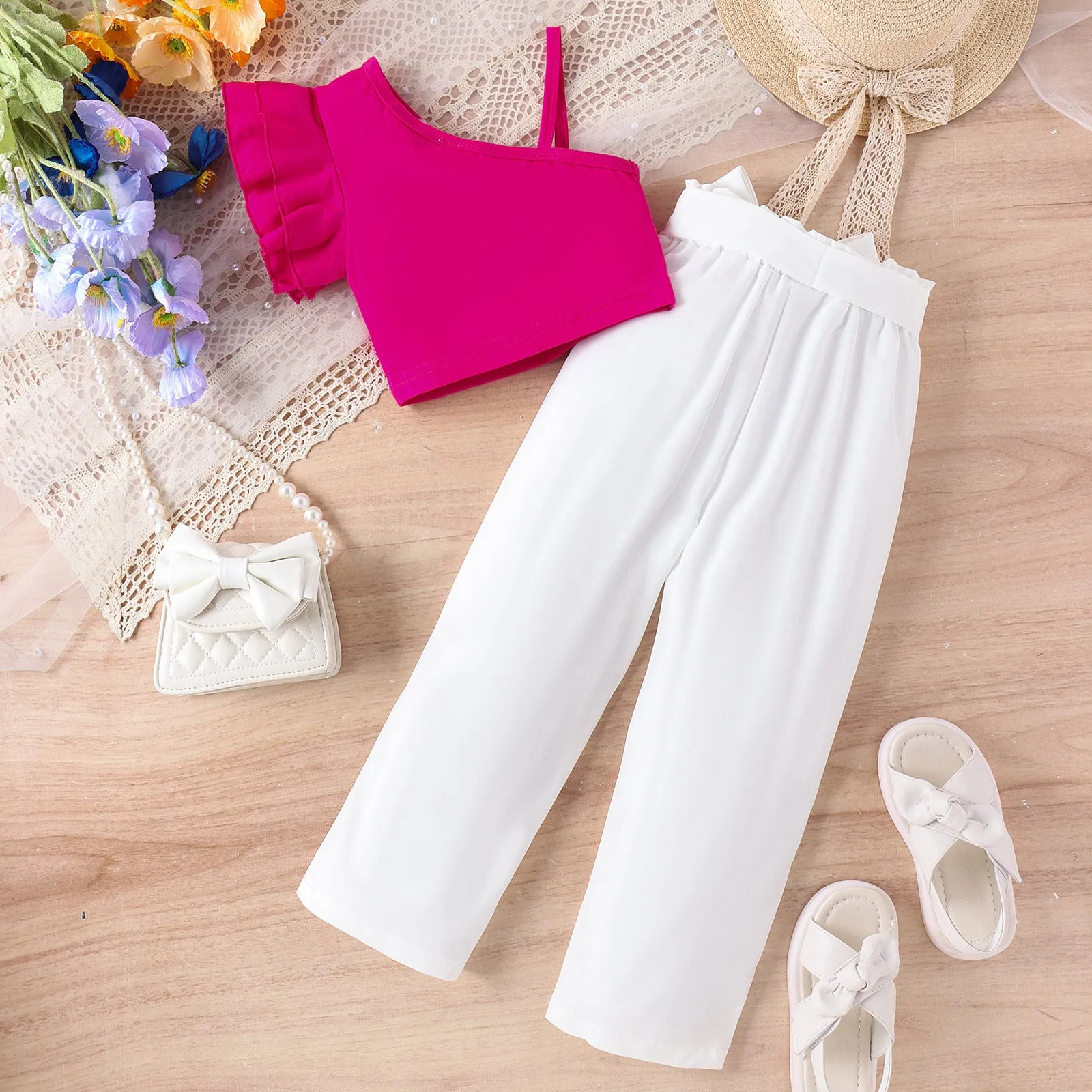Spring and summer multi-color oblique shoulder straps single-side lace tops solid color belt trousers trendy suits FD