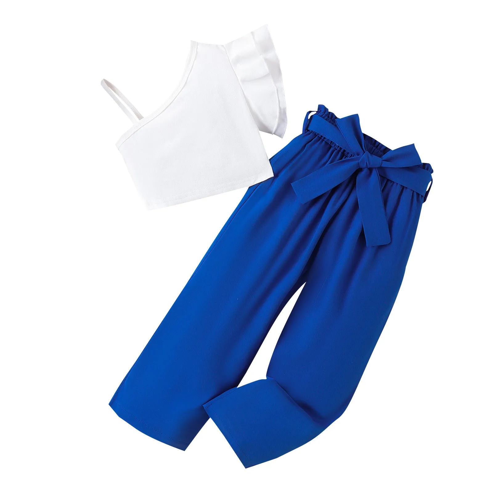 Spring and summer multi-color oblique shoulder straps single-side lace tops solid color belt trousers trendy suits FD
