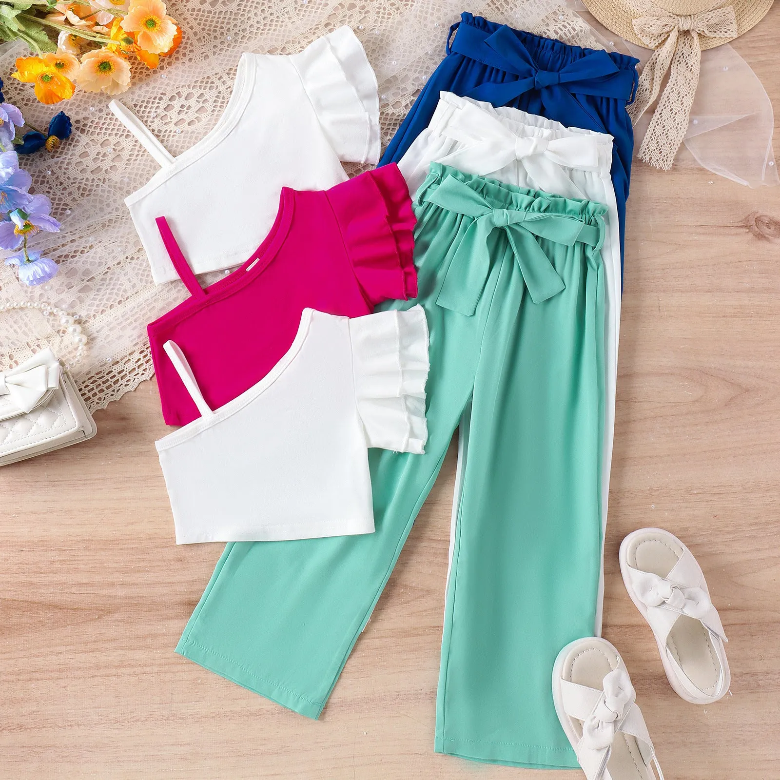 Spring and summer multi-color oblique shoulder straps single-side lace tops solid color belt trousers trendy suits FD