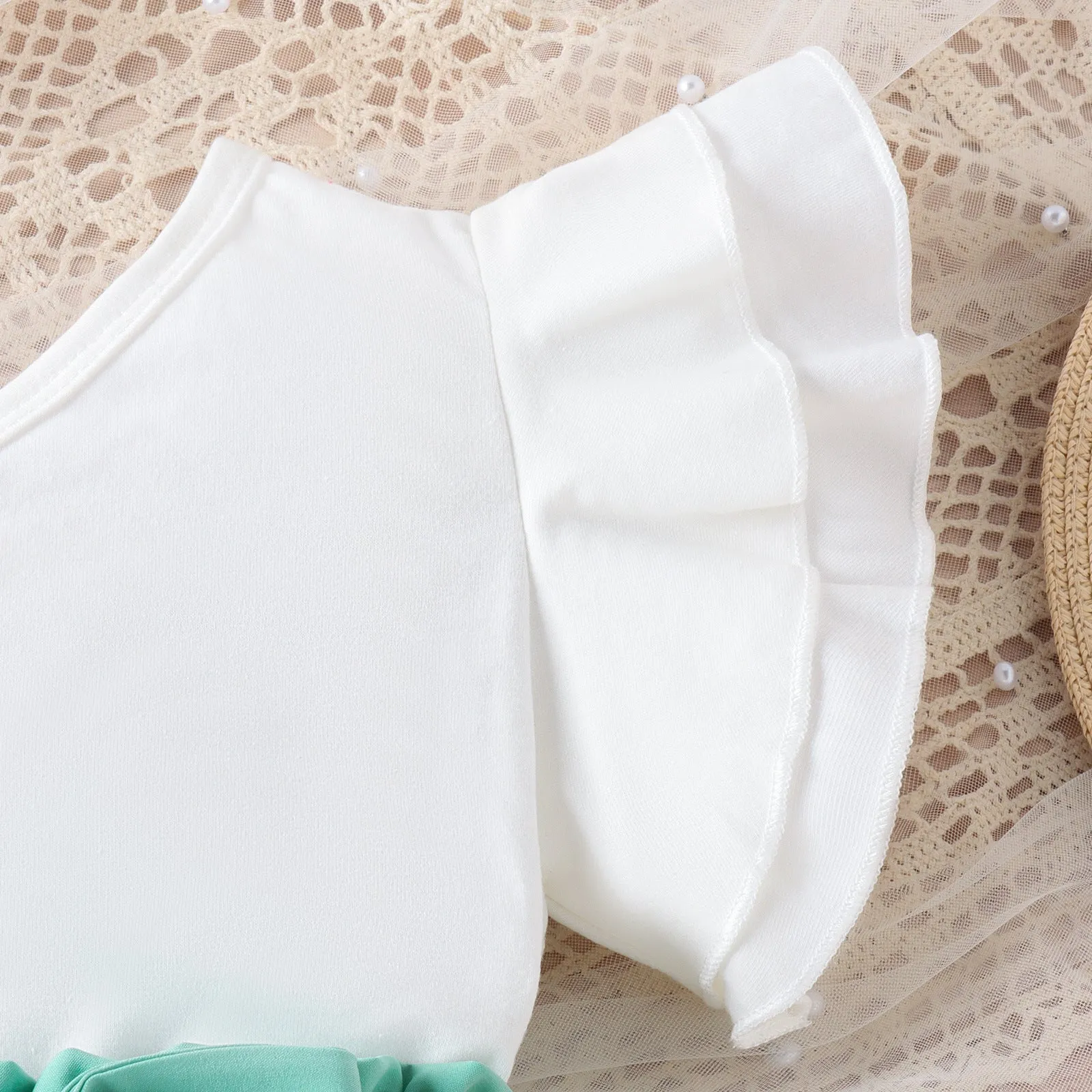 Spring and summer multi-color oblique shoulder straps single-side lace tops solid color belt trousers trendy suits FD