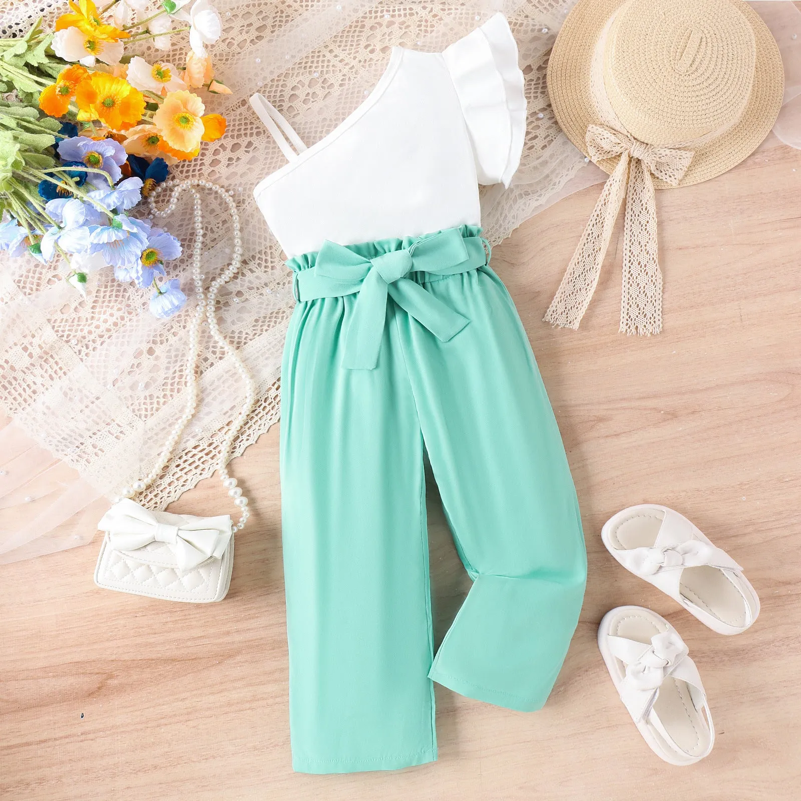 Spring and summer multi-color oblique shoulder straps single-side lace tops solid color belt trousers trendy suits FD