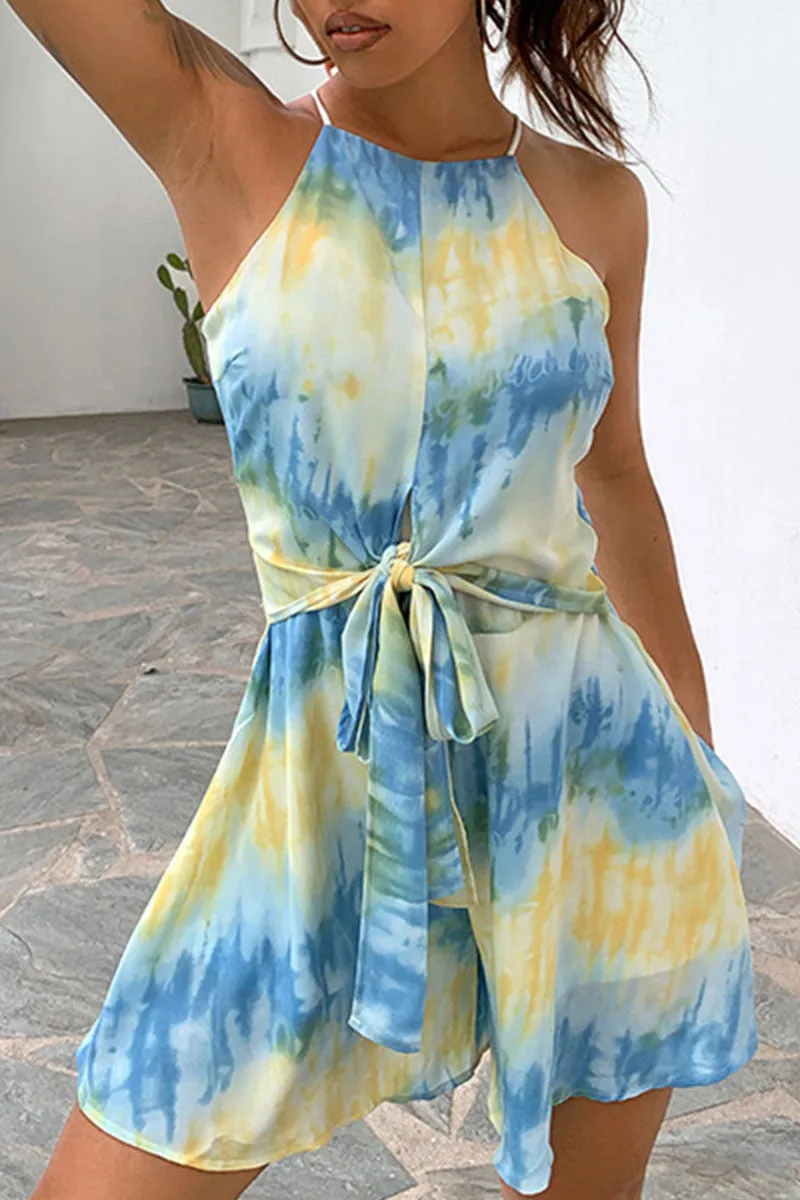Street Print Patchwork Halter Loose Jumpsuits