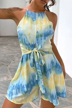 Street Print Patchwork Halter Loose Jumpsuits