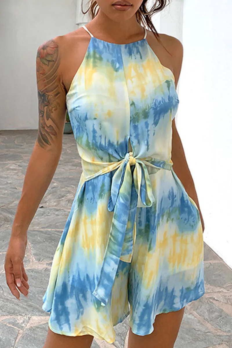 Street Print Patchwork Halter Loose Jumpsuits