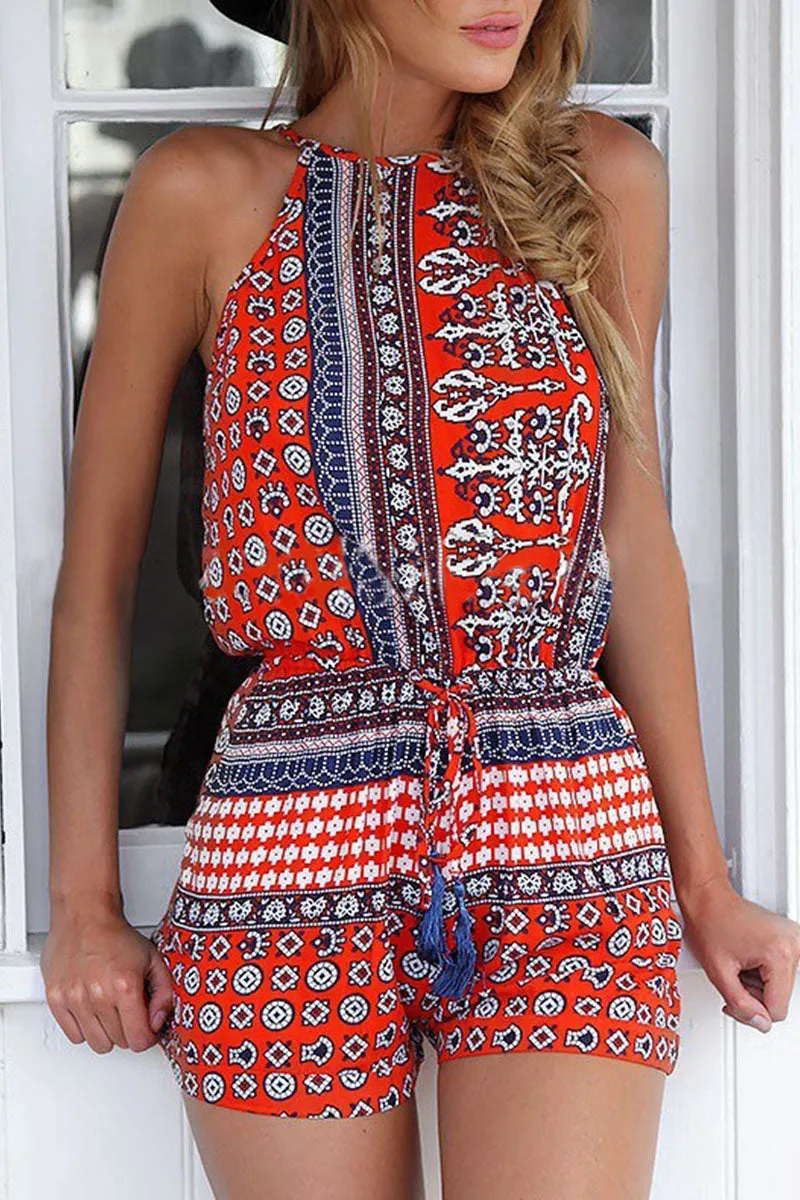 Street Print Patchwork O Neck Loose Jumpsuits