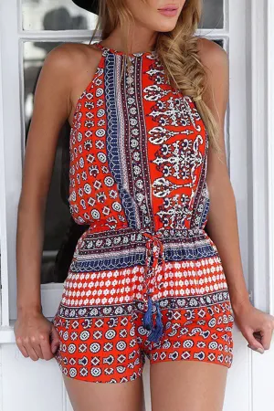 Street Print Patchwork O Neck Loose Jumpsuits