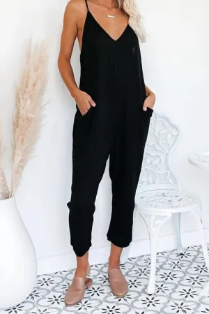 Street Solid Pocket V Neck Loose Jumpsuits(4 Colors)