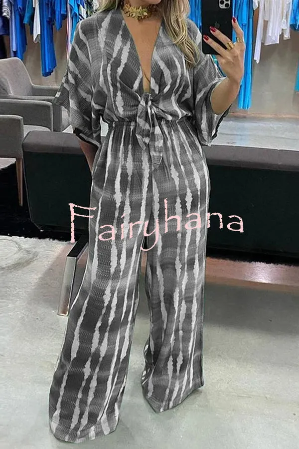 Striped Print V-Neck Lace-Up Casual Wide-Leg Jumpsuit