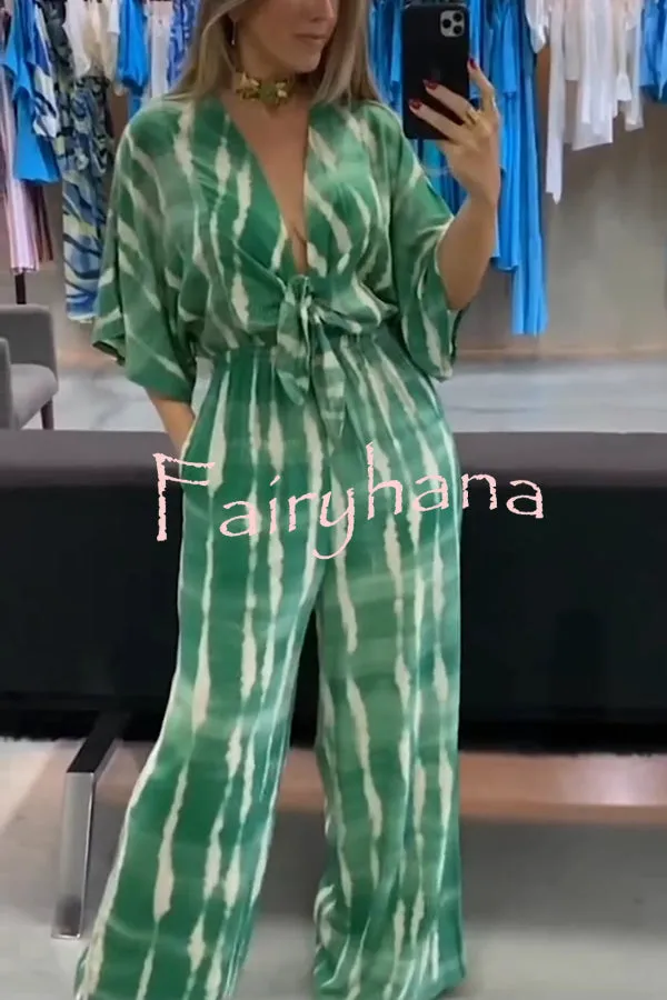 Striped Print V-Neck Lace-Up Casual Wide-Leg Jumpsuit