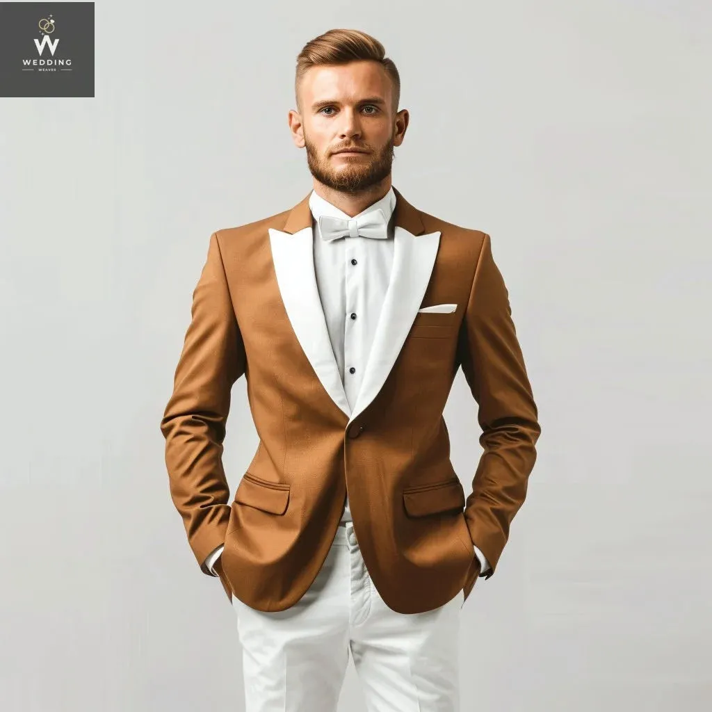 Stylish Brown Tuxedo Suit for Men – White & Brown Bespoke Wedding Attire, Custom Tailored Suits