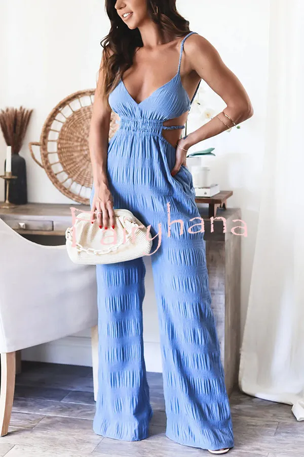 Summer Vacay Style Crinkle Fabric Cut Out Elastic Waist Pocket Backless Jumpsuit