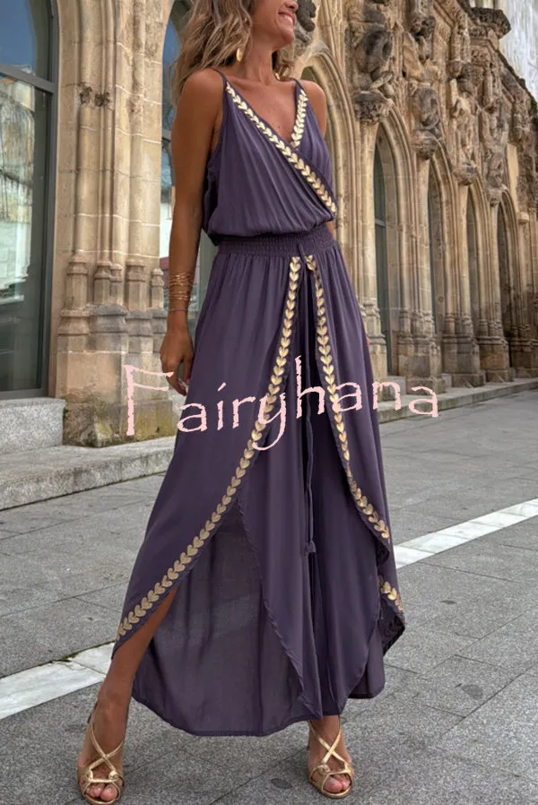 Tamia Gold Trim Elastic Waist Slit Wide Leg Slip Jumpsuit
