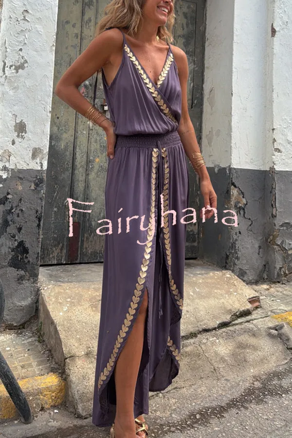 Tamia Gold Trim Elastic Waist Slit Wide Leg Slip Jumpsuit
