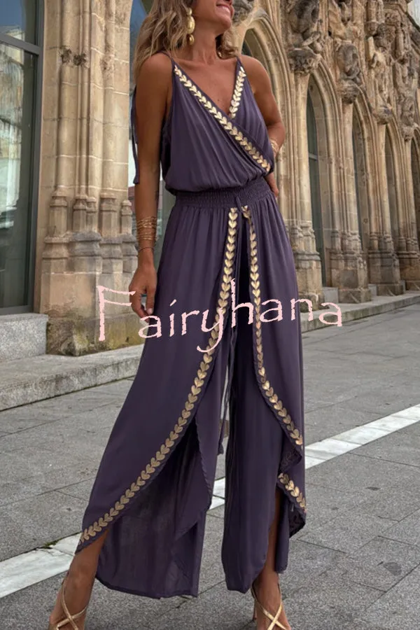 Tamia Gold Trim Elastic Waist Slit Wide Leg Slip Jumpsuit