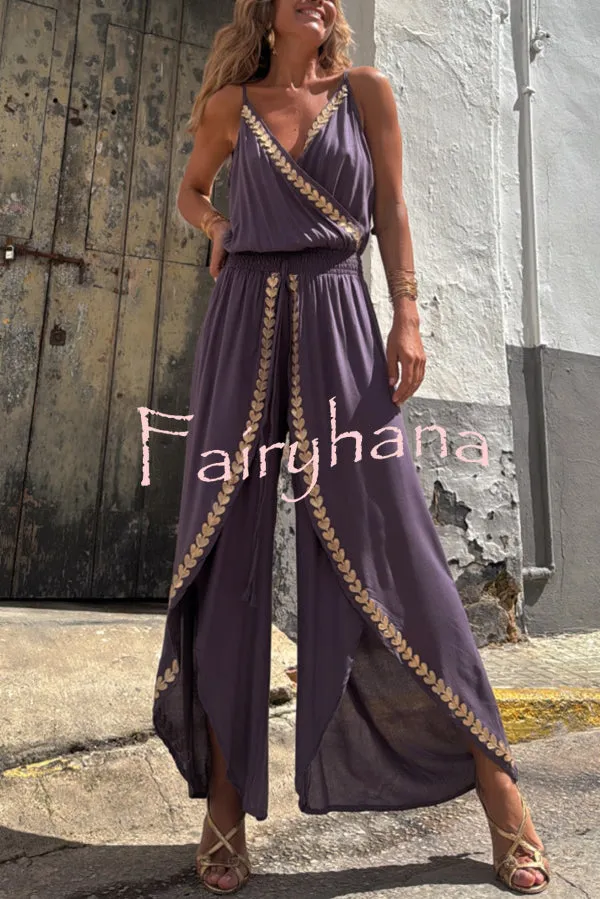 Tamia Gold Trim Elastic Waist Slit Wide Leg Slip Jumpsuit
