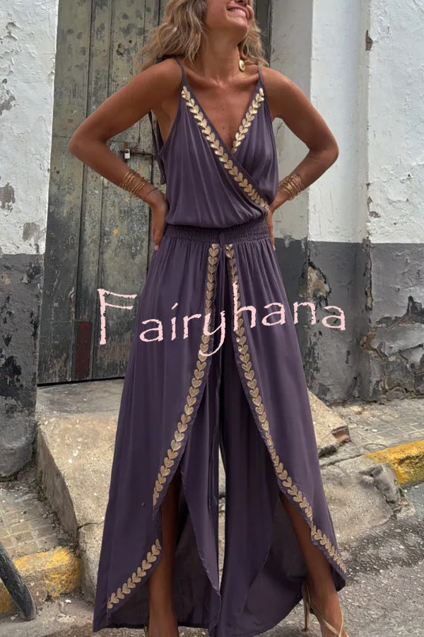 Tamia Gold Trim Elastic Waist Slit Wide Leg Slip Jumpsuit