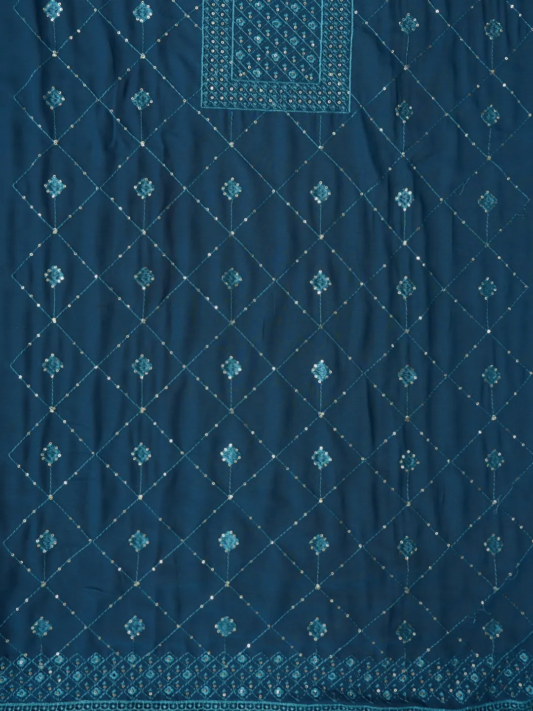 Teal Embroidered Silk Georgette Dress Material with Dupatta