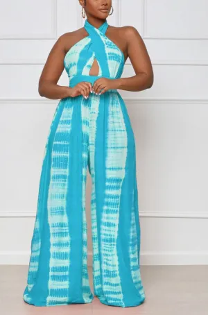 Tie Dye Halter Neck Backless Loose Wide Leg Jumpsuit