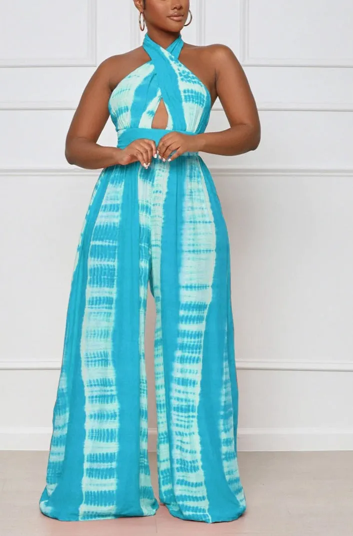 Tie Dye Halter Neck Backless Loose Wide Leg Jumpsuit