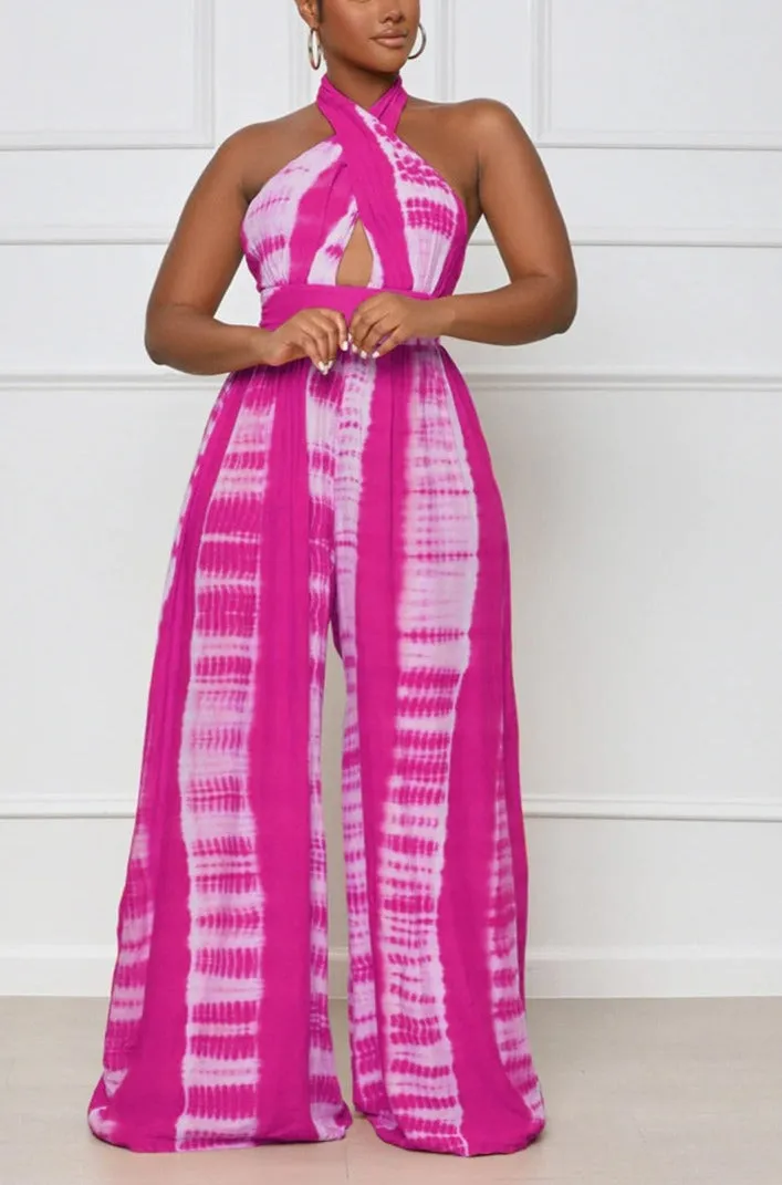 Tie Dye Halter Neck Backless Loose Wide Leg Jumpsuit