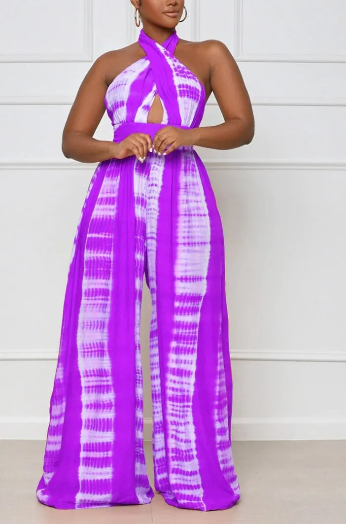 Tie Dye Halter Neck Backless Loose Wide Leg Jumpsuit