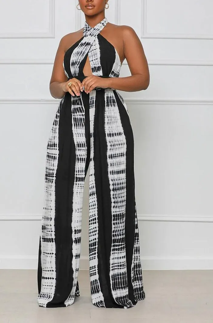 Tie Dye Halter Neck Backless Loose Wide Leg Jumpsuit
