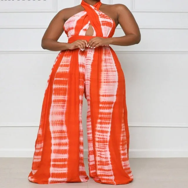 Tie Dye Halter Neck Backless Loose Wide Leg Jumpsuit