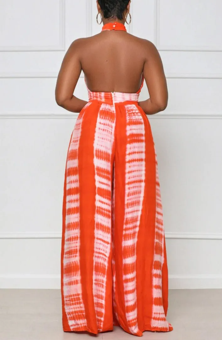 Tie Dye Halter Neck Backless Loose Wide Leg Jumpsuit
