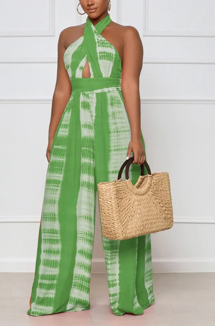 Tie Dye Halter Neck Backless Loose Wide Leg Jumpsuit