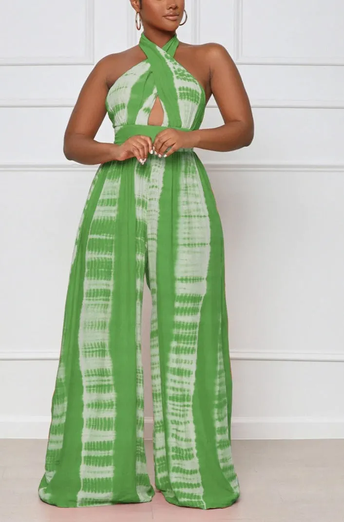 Tie Dye Halter Neck Backless Loose Wide Leg Jumpsuit