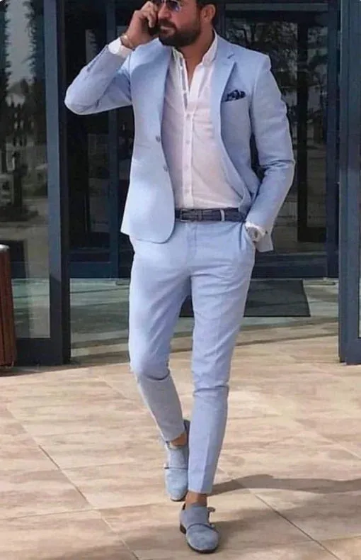 Two-Piece Light Blue Suit for Men - Elegant Blue Wedding & Engagement Attire
