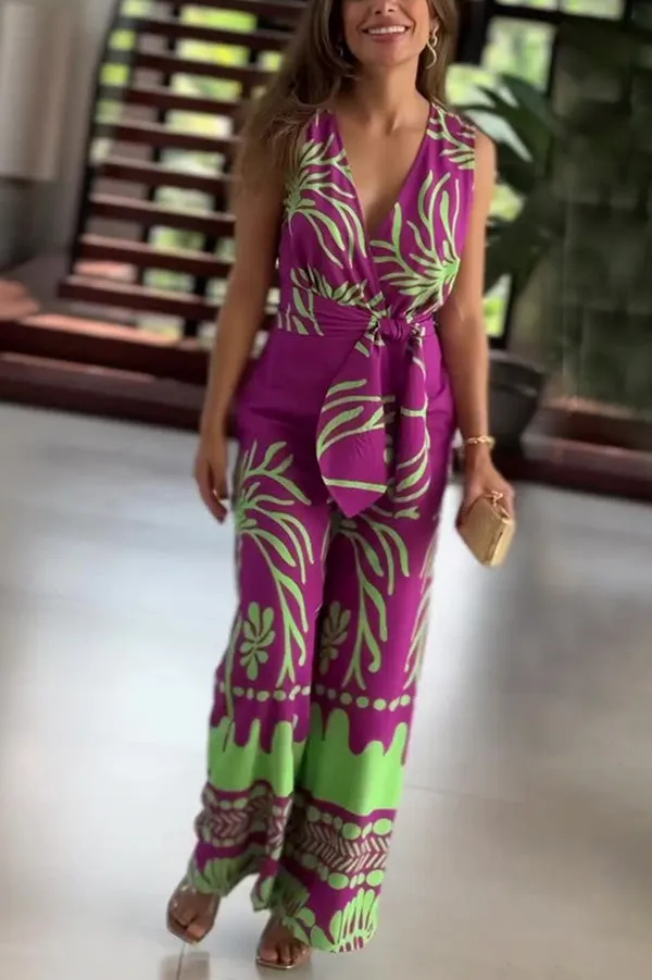 Unique Printed V-Neck Sleeveless Waist Tie Jumpsuit