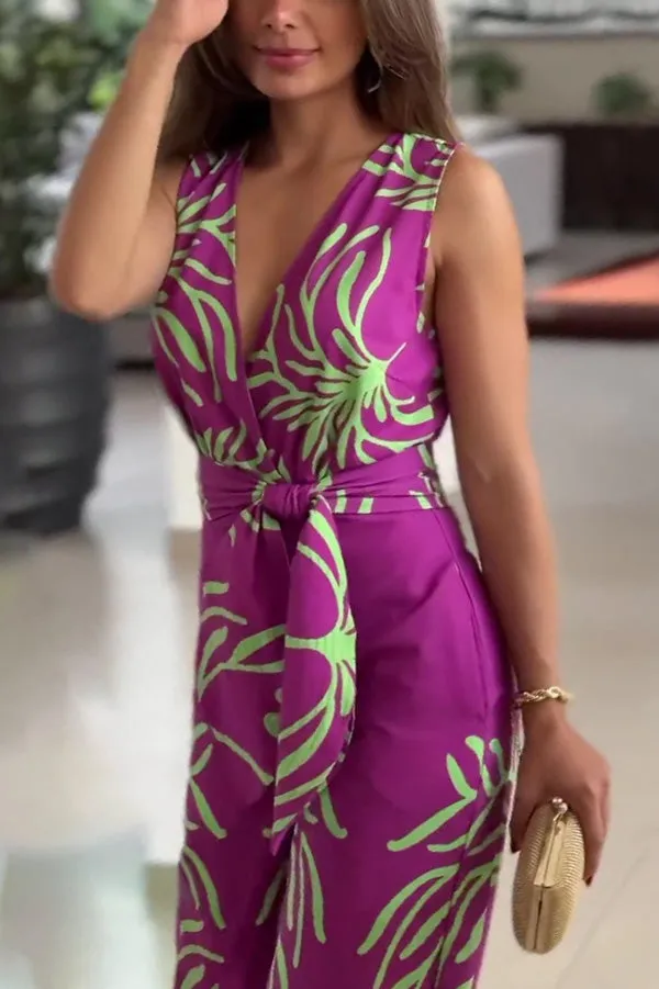 Unique Printed V-Neck Sleeveless Waist Tie Jumpsuit